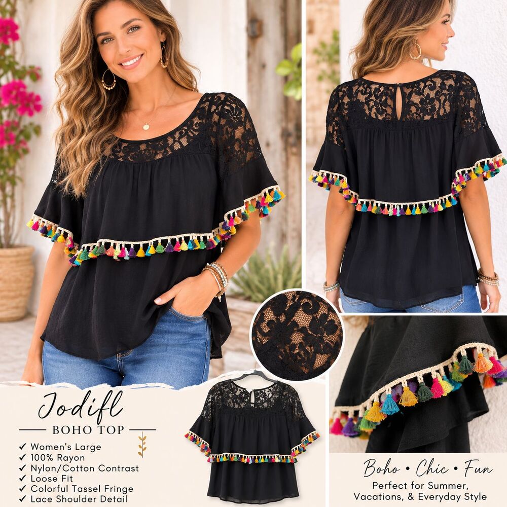 Jodifl Women's Boho Blouse Flutter Sleeve with Lace Colorful Fringe Size M/L